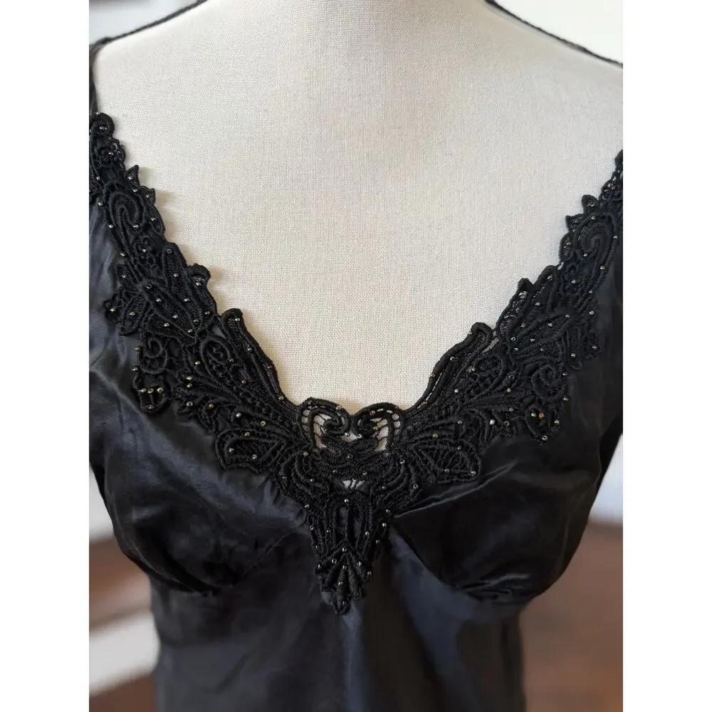 Vintage Black Silk Lace Beaded Baby Doll Tank Whimsygoth Witchy Fairy Grunge